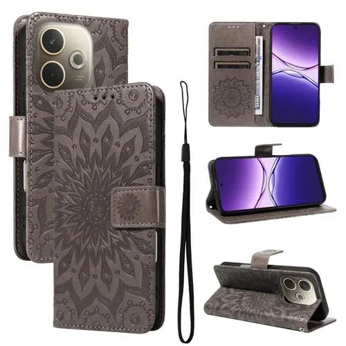 Funda de Cuero con Tapa y Estampado de Girasoles En Relieve para Oppo A5 Pro 5G (Gris)