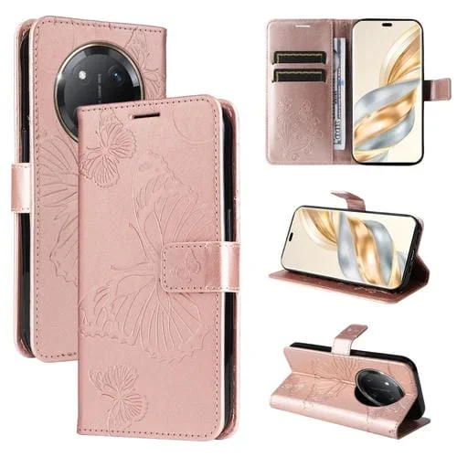 Funda de Cuero con Tapa y Mariposa En Relieve 3D para Honor X9C 5G Global (Oro Rosa)
