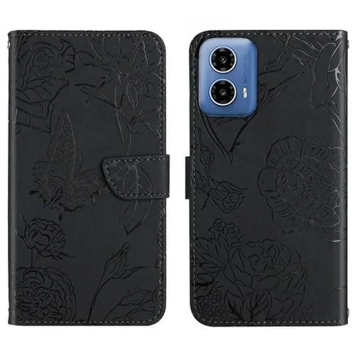 Funda de Cuero con Tapa y Mariposas en Relieve para Motorola Edge 5G 2024 Ht03 (Negro)