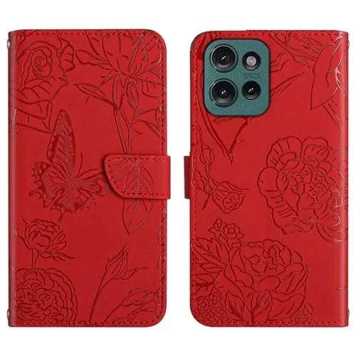 Funda de Cuero con Tapa y Mariposas En Relieve para Motorola Moto G 5G 2025 Ht03 (Rojo)