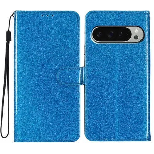 Funda de Cuero con Tapa y Purpurina en Polvo para Google Pixel 9 Pro XL (Azul)