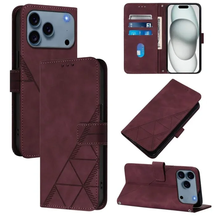Funda de cuero con tapa y relieve 3D para iPhone 17 Pro (rojo vino)