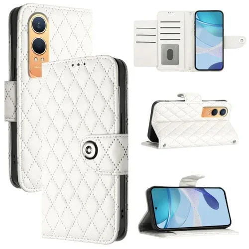 Funda de Cuero con Tapa y Textura Rombal para OnePlus Nord Ce4 Lite con Cordón (Blanco)