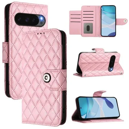 Funda de Cuero con Tapa y Textura Rómbica Global para Google Pixel 10 Pro XL 5G con Cordón (Rosa)