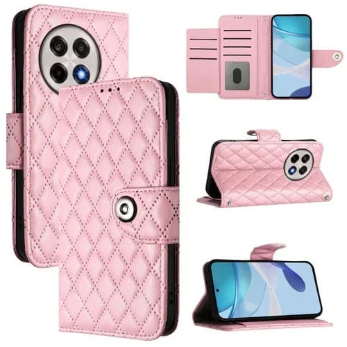 Funda de Cuero con Tapa y Textura Rómbica para OnePlus 13R/Ace 5 Pro 5G con Cordón (Rosa)