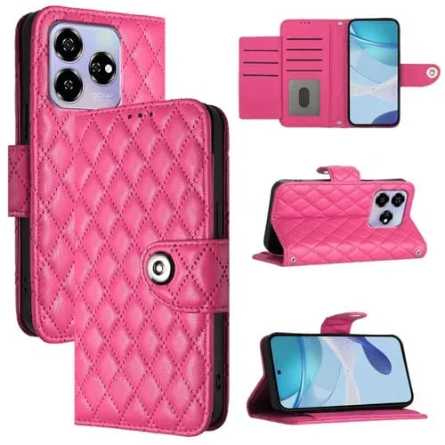 Funda de Cuero con Tapa y Textura Rómbica para ZTE Blade V60/Axon 60 4G con Cordón (Rosa y Rojo)