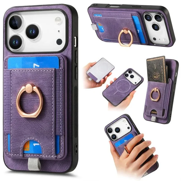 Funda de cuero con tarjetero magnético divisible para iPhone 17 Pro (morada)