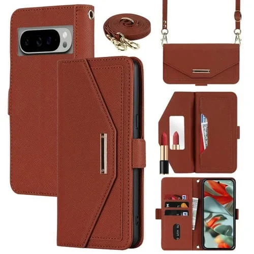 Funda de Cuero con Textura Cruzada y Cordón para Google Pixel 9/9 Pro (Marrón)