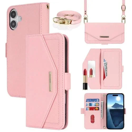 Funda de Cuero con Textura Cruzada y Cordón para iPhone 16 Plus (Rosa)