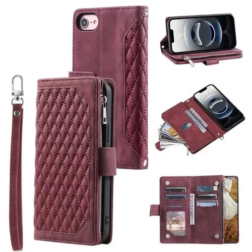 Funda de Cuero con Textura de Cuadrícula y Cremallera para iPhone 16E con Cordón (Rojo Vino)