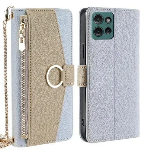 Funda de Cuero con Textura de Lichi para Motorola Edge 50 5G (Azul)