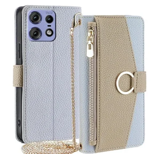 Funda de Cuero con Textura de Lichi para Motorola Edge 50 Pro 5G (Azul)