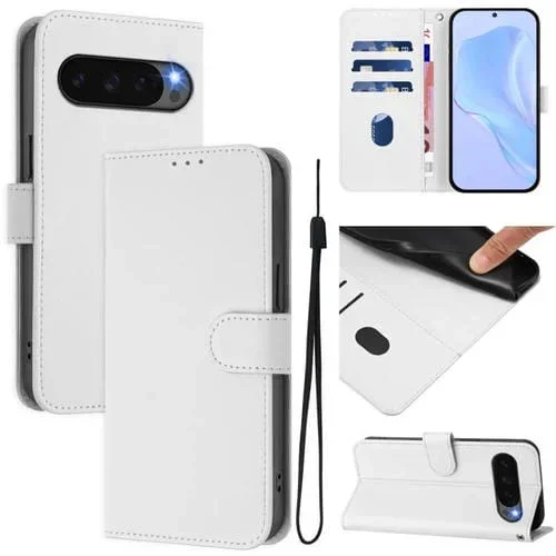 Funda de Cuero con Textura de Piel y Cordón para Google Pixel 10 Pro XL (Blanco)