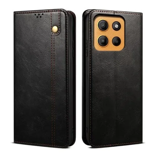 Funda de Cuero Crazy Horse con Cera de Aceite para Motorola Moto G15 (Negro)