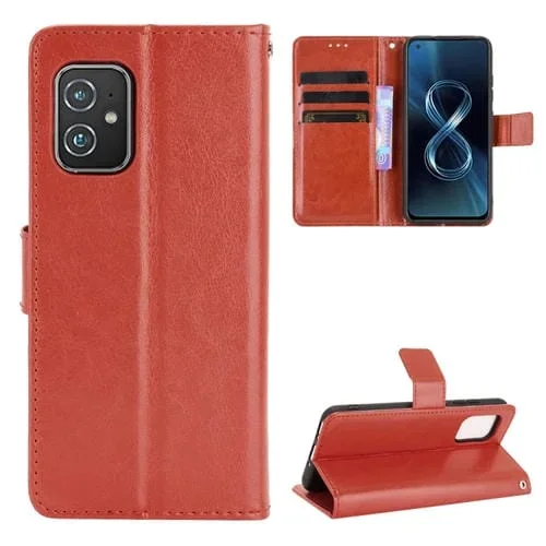 Funda de Cuero Crazy Horse para Asus Zenfone 8 ZS590KS con Soporte, Ranuras y Cordón (Marrón)