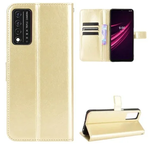 Funda de Cuero Crazy Horse para T-Mobile Revvl V + 5G con Soporte, Ranuras y Cordón (Oro)