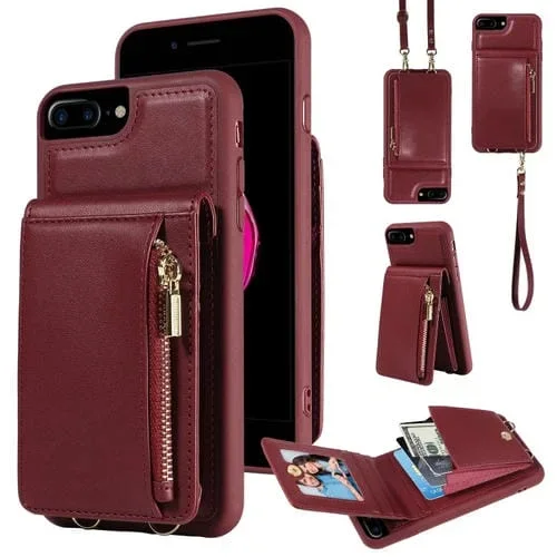 Funda de Cuero Crossbody Lanyard Zipper para iPhone 7 Plus 8 Plus (Rojo Vino)