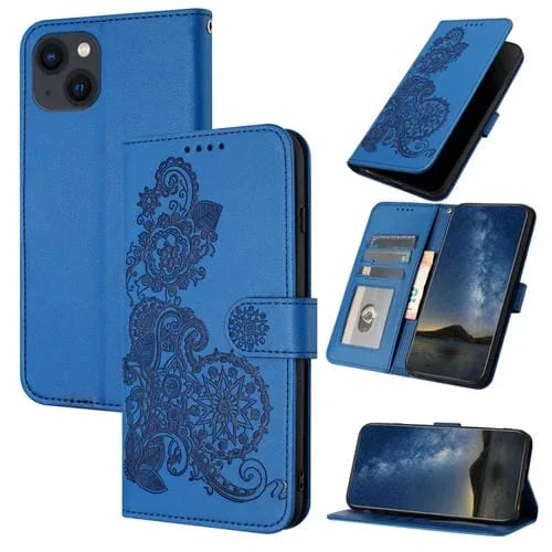 Funda de Cuero Datura Flower para iPhone 13 Mini con Tapa en Relieve (Azul)