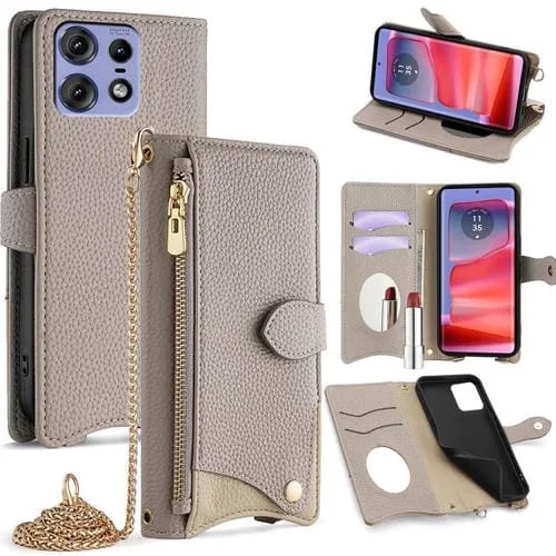 Funda de Cuero de Lichi con Diseño Cola de Pez y Cadena Cruzada para Motorola Edge 50 Pro (Gris)