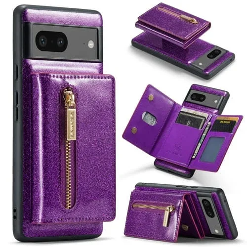 Funda de Cuero Dg.Ming M3 Series para Google Pixel 7 con Glitter Powder y Porta Tarjetas (Morado Oscuro)