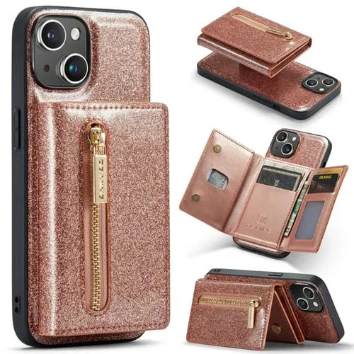 Funda de Cuero Dg.Ming M3 Series para iPhone 14 Glitter Powder Card Bag (Oro Rosa)