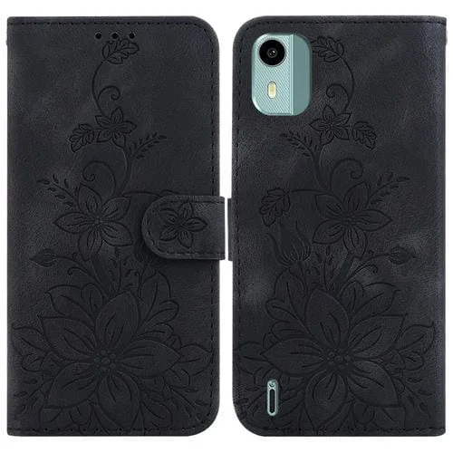 Funda de Cuero en Relieve para Teléfono Nokia C12 Lily (Negro)