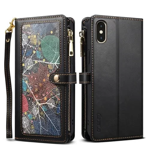 Funda de Cuero Eseble Star Series para iPhone Xr con Lanyard, Zipper Wallet y RFID (Negro)
