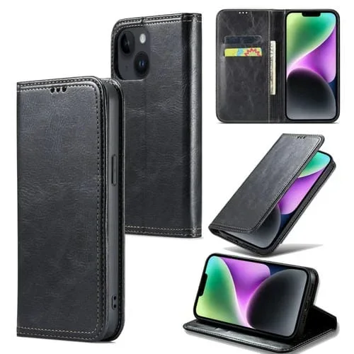 Funda de Cuero Fierre Shann Vintage Bark Texture para iPhone 15 Plus (Negro)