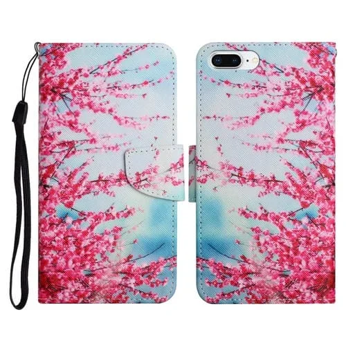 Funda de Cuero Flip Horizontal con Soporte y Ranura para Tarjeta para iPhone 8 Plus y 7 Plus (Flores de Cerezo Rojas)
