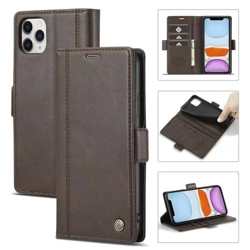 Funda de Cuero Flip Horizontal Lc.Imeeke para iPhone 11 Pro Max con Hebilla Magnética, Soporte, Tragamonedas y Billetera (Café)
