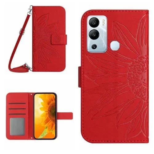Funda de Cuero Flip para Infinix Hot 12I Skin Feel con Cordón y Diseño Sun Flower (Rojo)