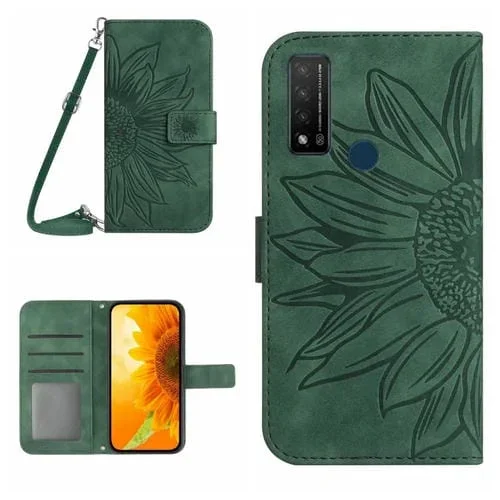 Funda de Cuero Flip para TCL 20 R/20 Ax 5G Bremen 5G con Cordón (Verde) Skin Feel Sun Flower Pattern