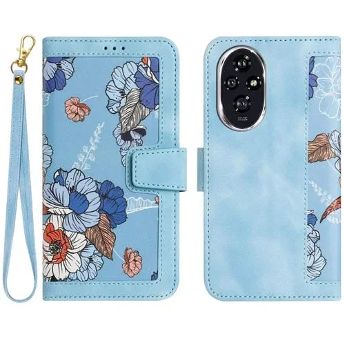 Funda de Cuero For Honor 200 con Estampado Floral y Cordón (Azul Claro)