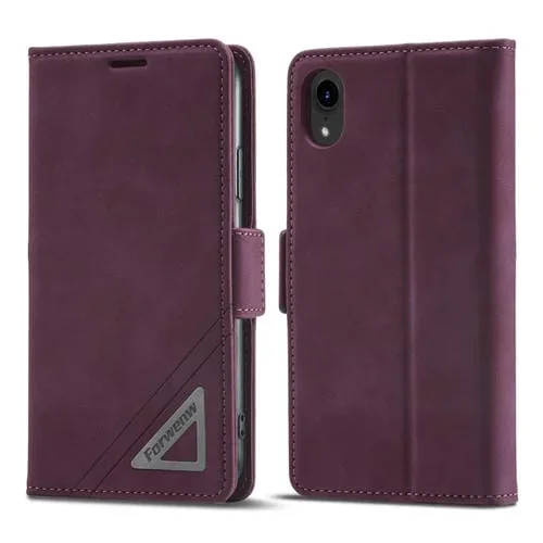 Funda de Cuero FoRWenw para iPhone Xr con Hebilla de Doble Cara (Rojo Vino)