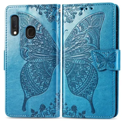 Funda de Cuero Galaxy A20E Butterfly Love Flowers con Tapa Horizontal en Relieve Soporte Ranuras Tarjetas Billetera y Cordón (Azul)