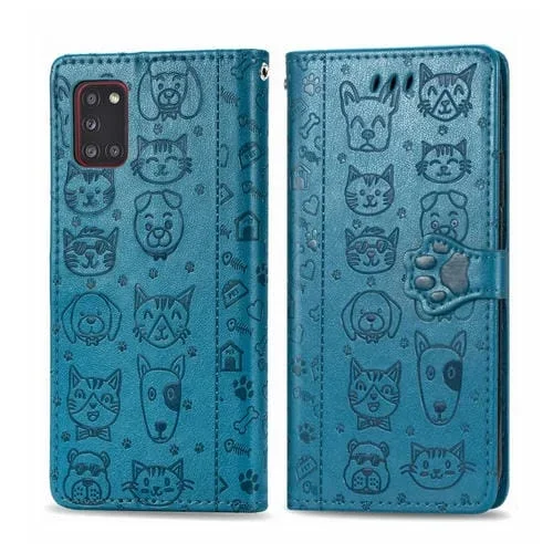 Funda de Cuero Galaxy A31 Cute Cat And Dog con Tapa Horizontal En Relieve Soporte Ranura Tarjeta Billetera Cordón (Azul)