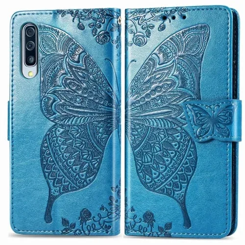 Funda de Cuero Galaxy A50S Butterfly Love Flower Tapa Horizontal Relieve Soporte Ranura Tarjeta Billetera Cordón (Azul)
