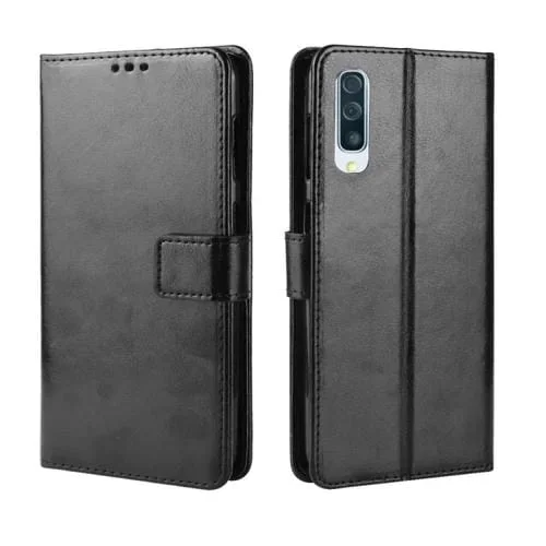 Funda de Cuero Galaxy A70 Tapa Horizontal Retro Textura Caballo Loco Soporte Ranuras Tarjetas Marco Fotos (Negro)