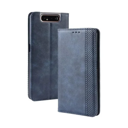 Funda de Cuero Galaxy A80 A90 Tapa Horizontal Textura Caballo Loco Hebilla Magnética Soporte Ranuras Tarjetas Marco Fotos (Azul)