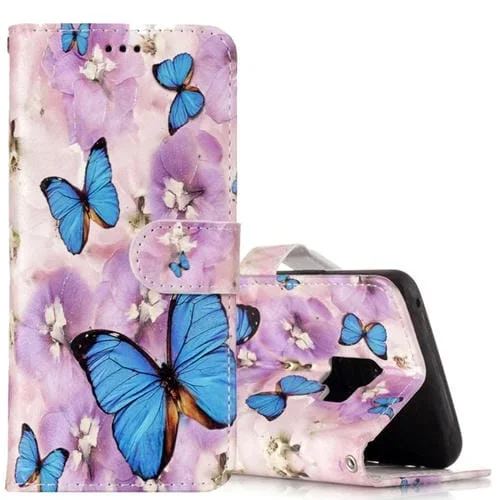 Funda de Cuero Galaxy S9 Gloss Oil con Tapa Horizontal, Patrón Mariposa y Flor en Relieve, Soporte, Ranuras para Tarjetas y Billetera
