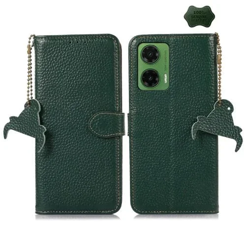 Funda de Cuero Genuino con Textura de Lichi Rfid para Motorola Moto G35 (Verde)