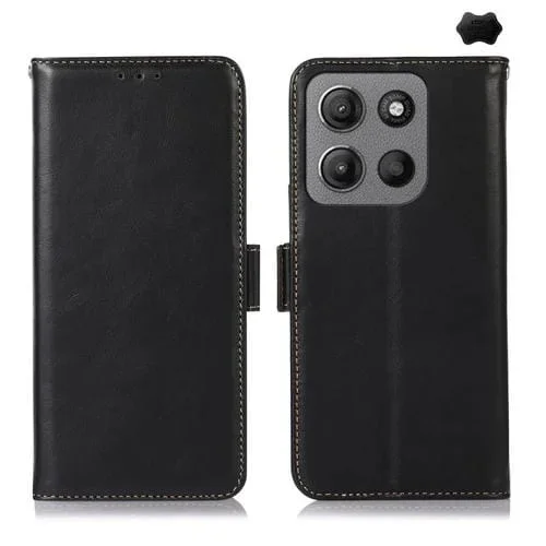 Funda de Cuero Genuino Crazy Horse Magnética para Motorola Moto G15 4G (Negro)