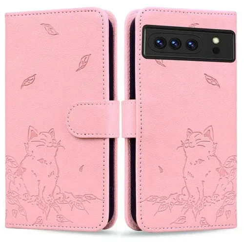 Funda de Cuero Google Pixel 8 Pro con Estampado de Gato (Rosa)