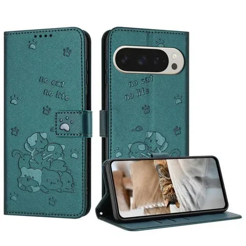 Funda de Cuero Google Pixel 9 Pro XL con Diseño de Gatito en Relieve y Cordón (Verde Oscuro)