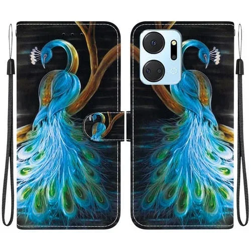 Funda de Cuero Honor X7A con Dibujo de Colores y Textura de Cristal (Pavo Real)