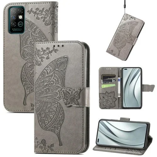 Funda de Cuero Horizontal Mariposa Amor Flores en Relieve con Soporte, Ranuras y Cordón para Infinix Nota 8 (Gris)