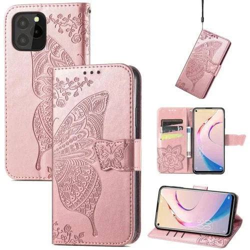 Funda de Cuero Horizontal para Oukitel C21 Pro Butterfly Love Flower con Soporte y Ranuras (Oro Rosa)