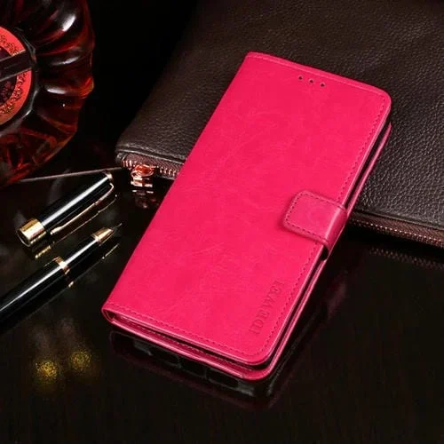 Funda de Cuero Idewei Crazy Horse para LG G8 Thinq con Tapa Horizontal, Soporte, Ranuras para Tarjetas y Billetera (Rosa Roja)
