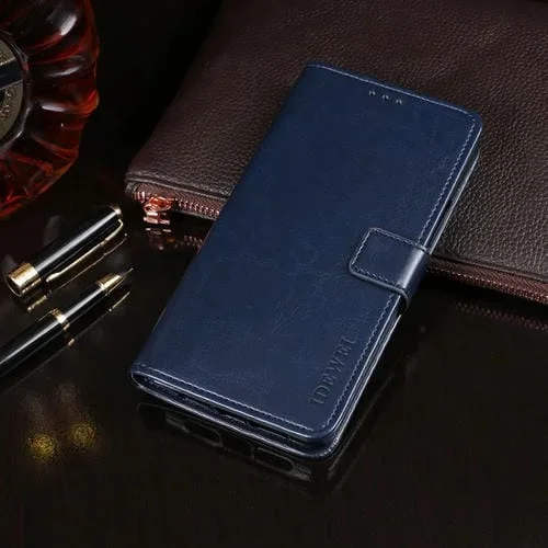 Funda de Cuero Idewei Crazy Horse para LG K71 con Tapa Horizontal, Soporte, Ranuras para Tarjetas y Billetera (Azul Oscuro)