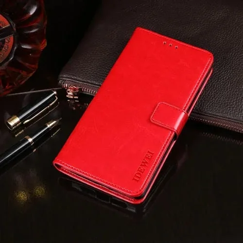 Funda de Cuero Idewei Crazy Horse para LG K71 con Tapa Horizontal, Soporte, Ranuras para Tarjetas y Billetera (Rojo)